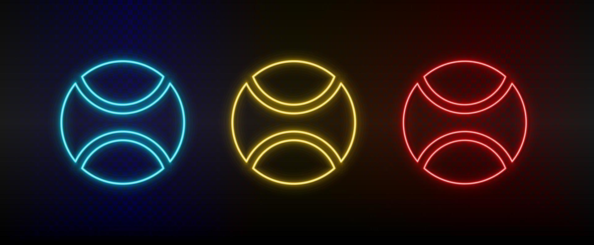 Neon icons, ball, baseball. Set of red, blue, yellow neon vector icon on darken transparent background