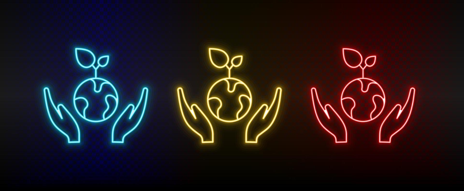 Neon icon set eco, energy, earth, plants. Set of red, blue, yellow neon vector icon on transparency dark background