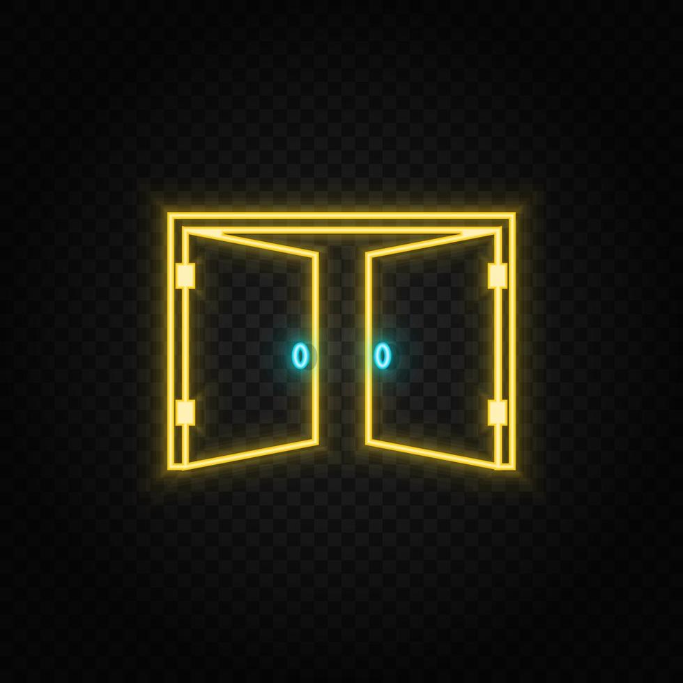 Door, open, icon neon icon. Blue and yellow neon vector icon. Transparent background
