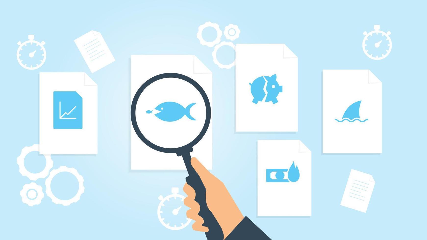 Document with search icons. File and magnifying glass. Analytics research sign. Vector Illustrationsea shark business file, document research vector illustration on white background