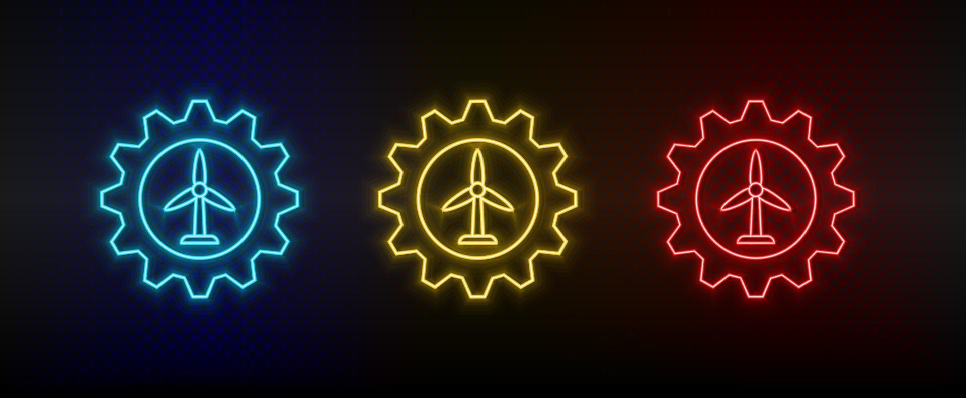 Neon icon set setting, wind energy, battery. Set of red, blue, yellow neon vector icon on transparency dark background