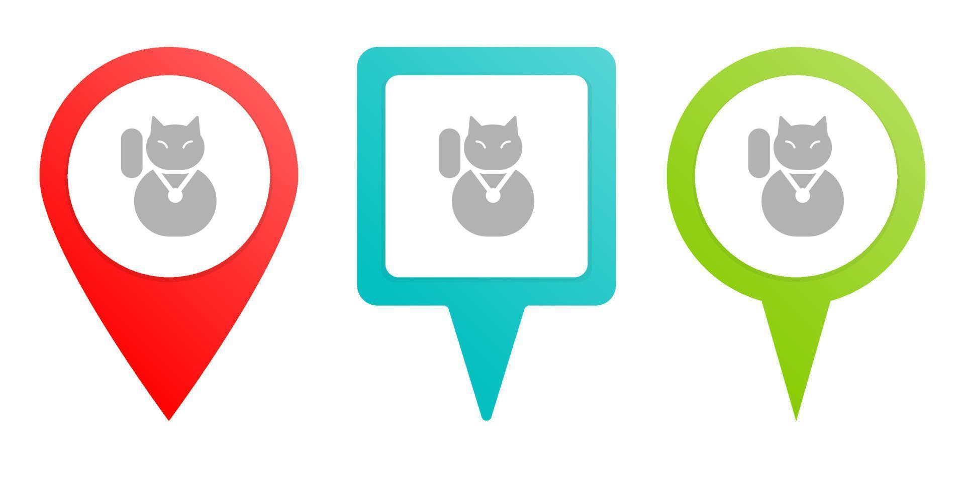 cat, lucky . Multicolor pin vector icon, diferent type map and navigation point. on white background