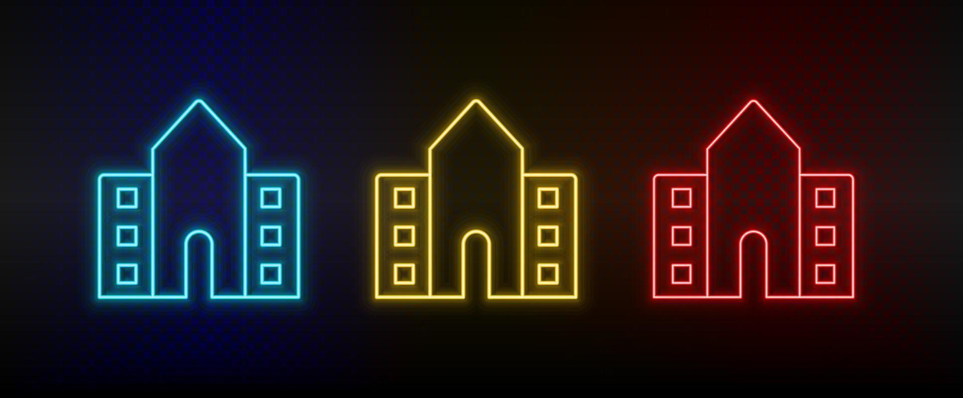 Neon icons, school, building, college. Set of red, blue, yellow neon vector icon on darken transparent background