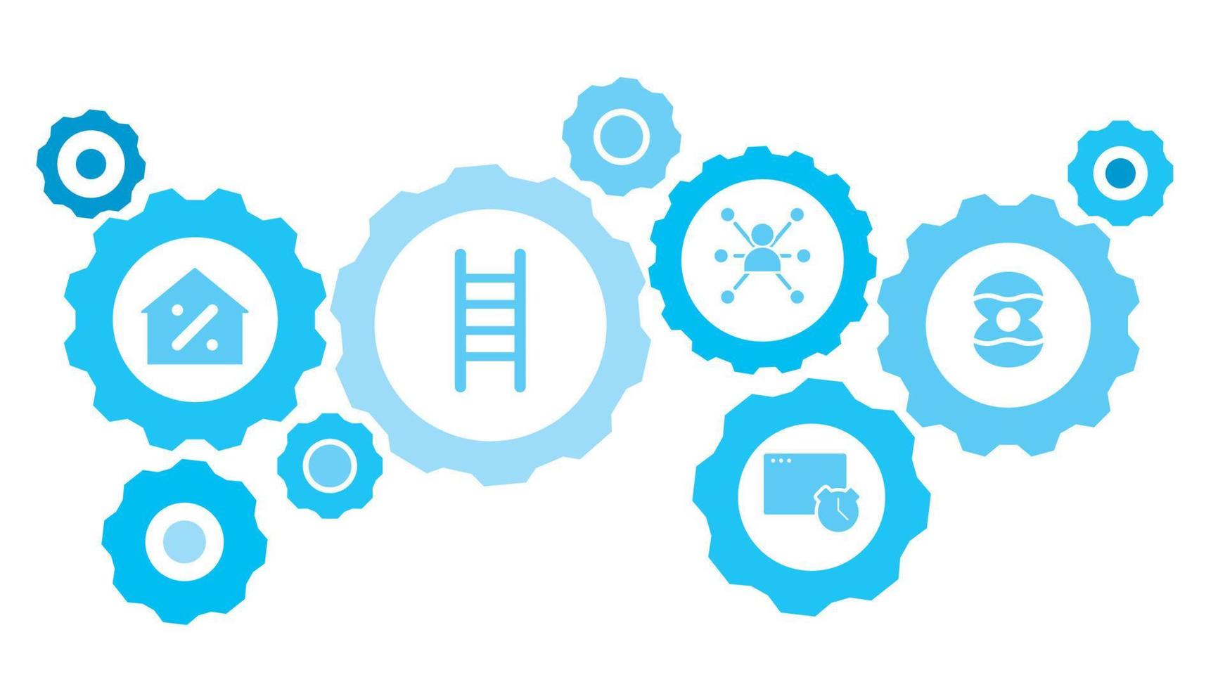Connected gears and vector icons for logistic, service, shipping, distribution, transport, market, communicate concepts. Boat, paper gear blue icon set on white background