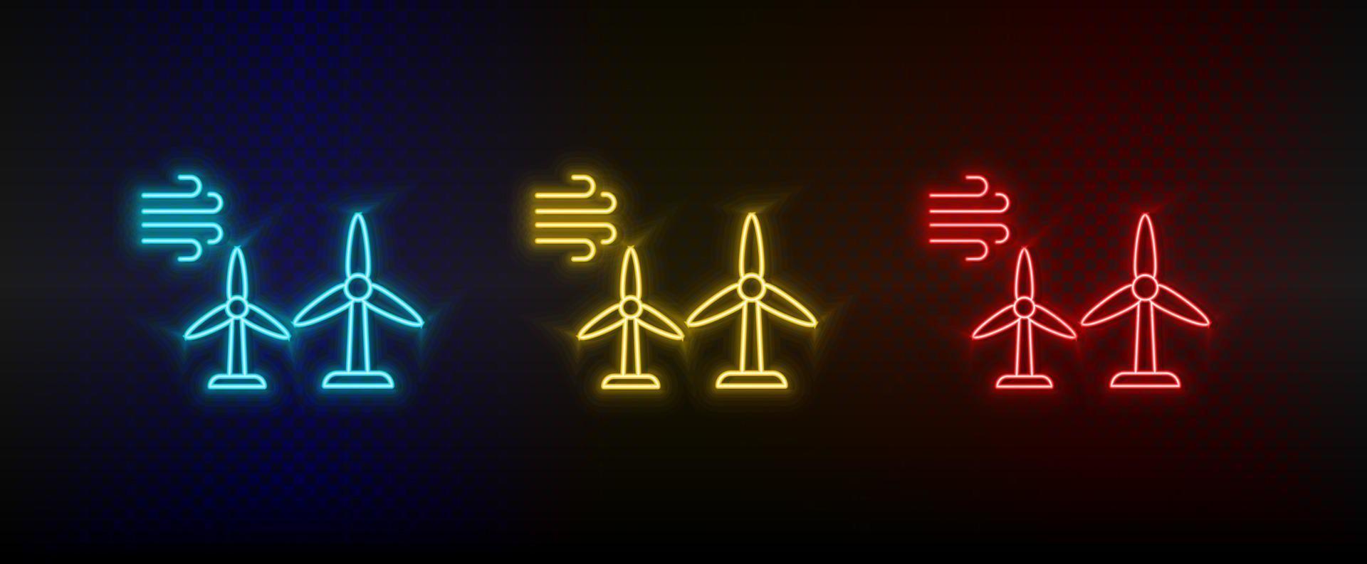 Neon icon set wind, energy, eco. Set of red, blue, yellow neon vector icon on transparency dark background