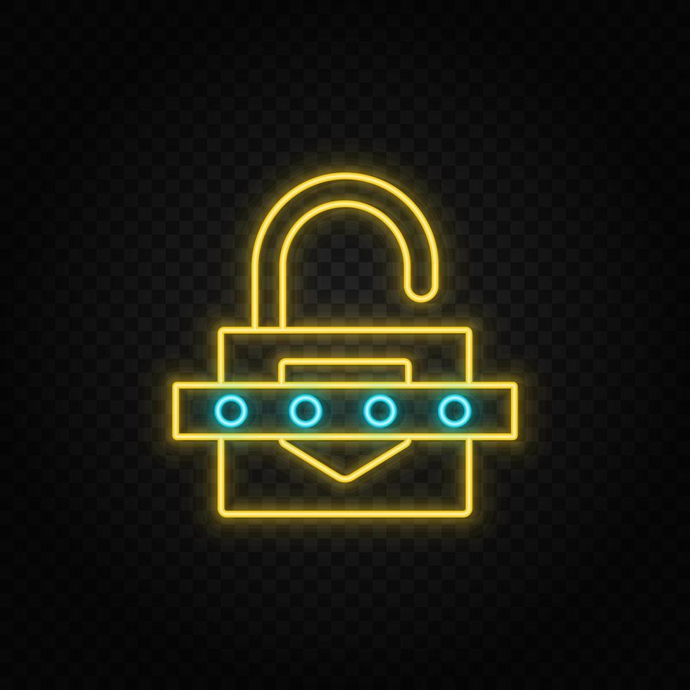 Key, lock, password. Blue and yellow neon vector icon. Transparent background on dark background