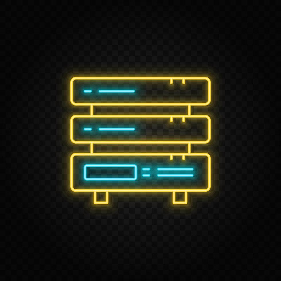 Backup, cloud, files. Blue and yellow neon vector icon. Transparent background on dark background