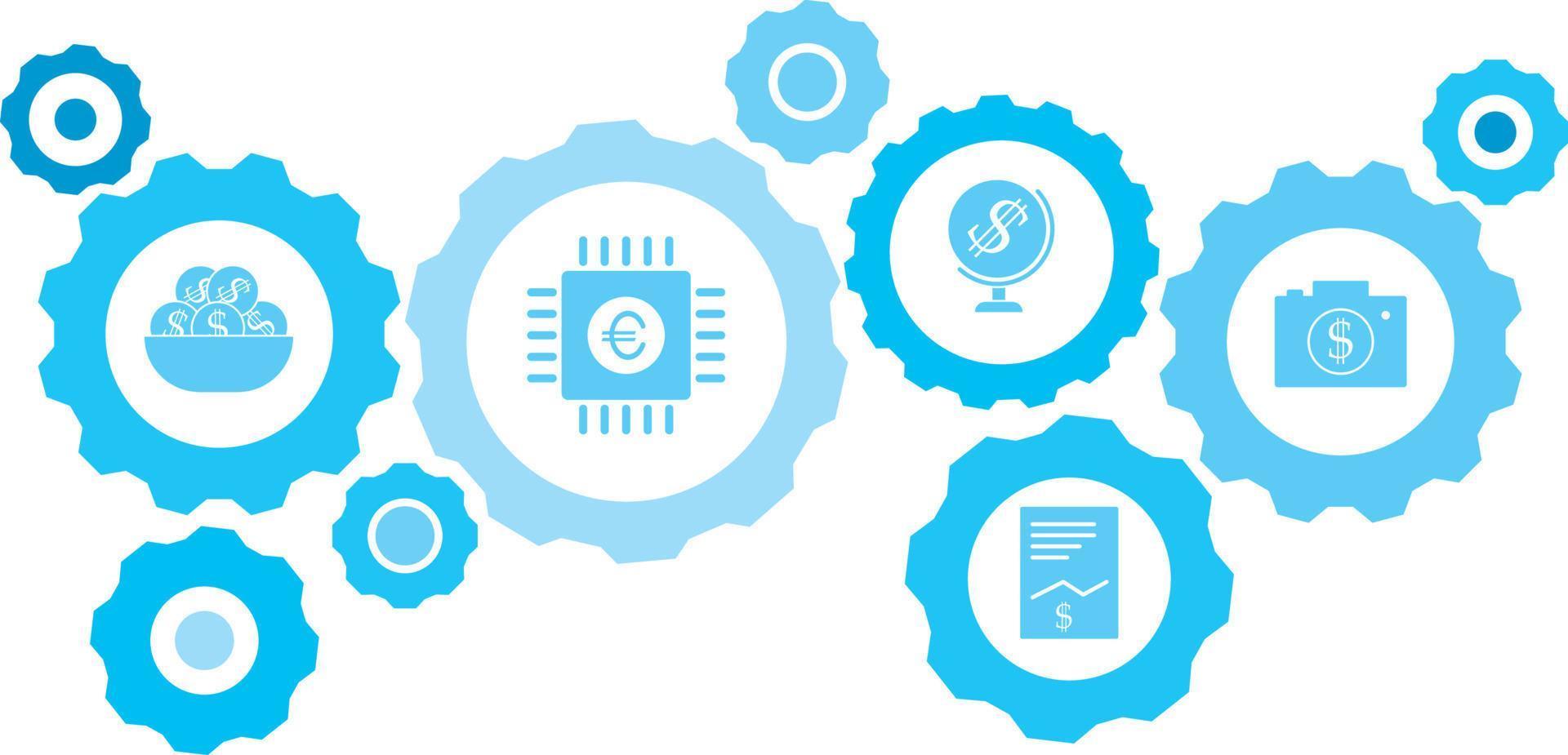 Connected gears and vector icons for logistic, service, shipping, distribution, transport, market, communicate concepts. gear blue icon setbusiness project, industrial startup .