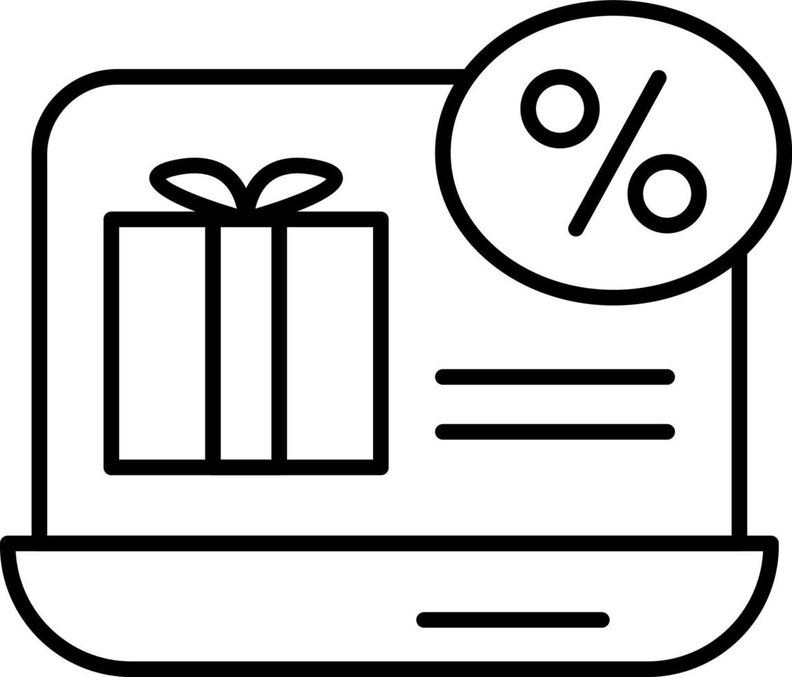 E-commerce laptop, giftbox, discount outline vector icon