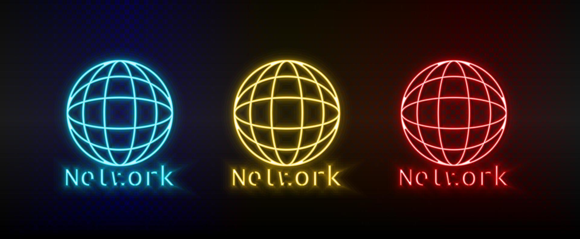 Neon icon set Network. Set of red, blue, yellow neon vector icon on transparency dark background