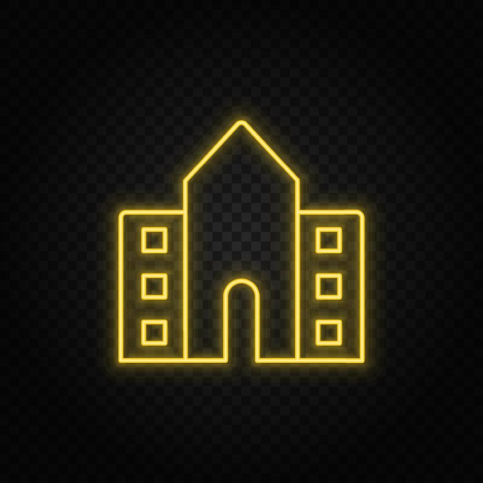 Yellow neon icon school, building, college. Transparent background. Yellow neon vector icon on dark background