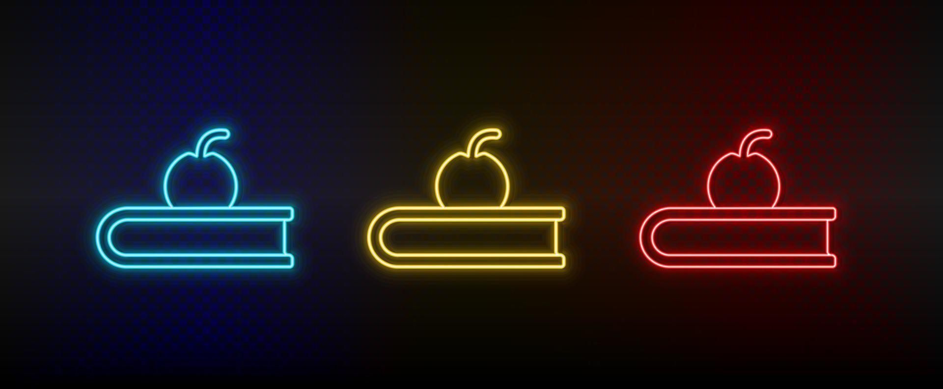 Neon icons, book, apple. Set of red, blue, yellow neon vector icon on darken transparent background