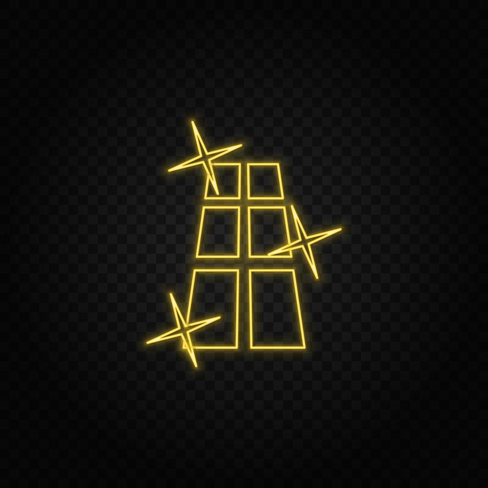 Yellow neon icon clean, cleaning, window. Transparent background. Yellow neon vector icon on dark background