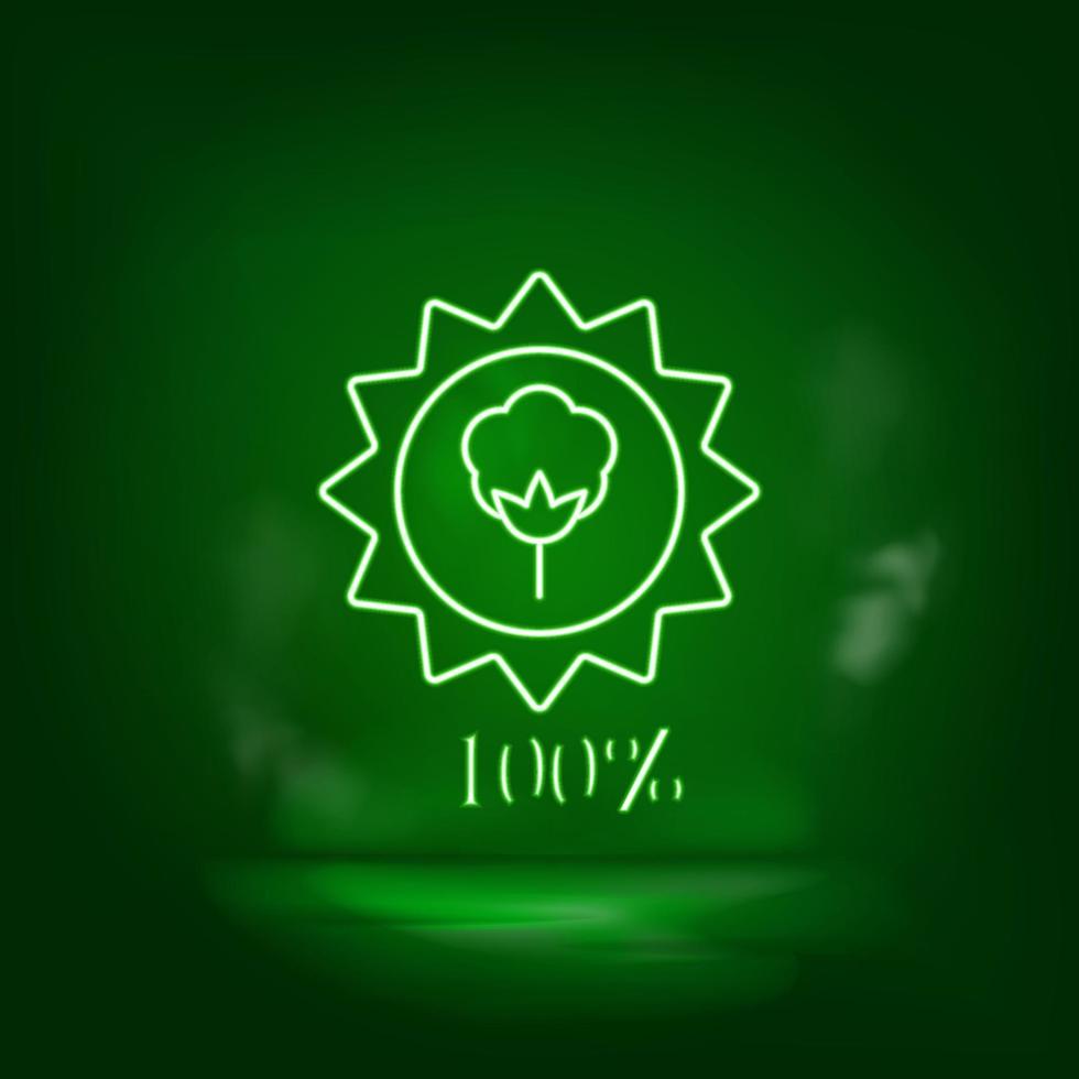 Cotton label, cotton quality, 100 green neon icon - Vector. vector