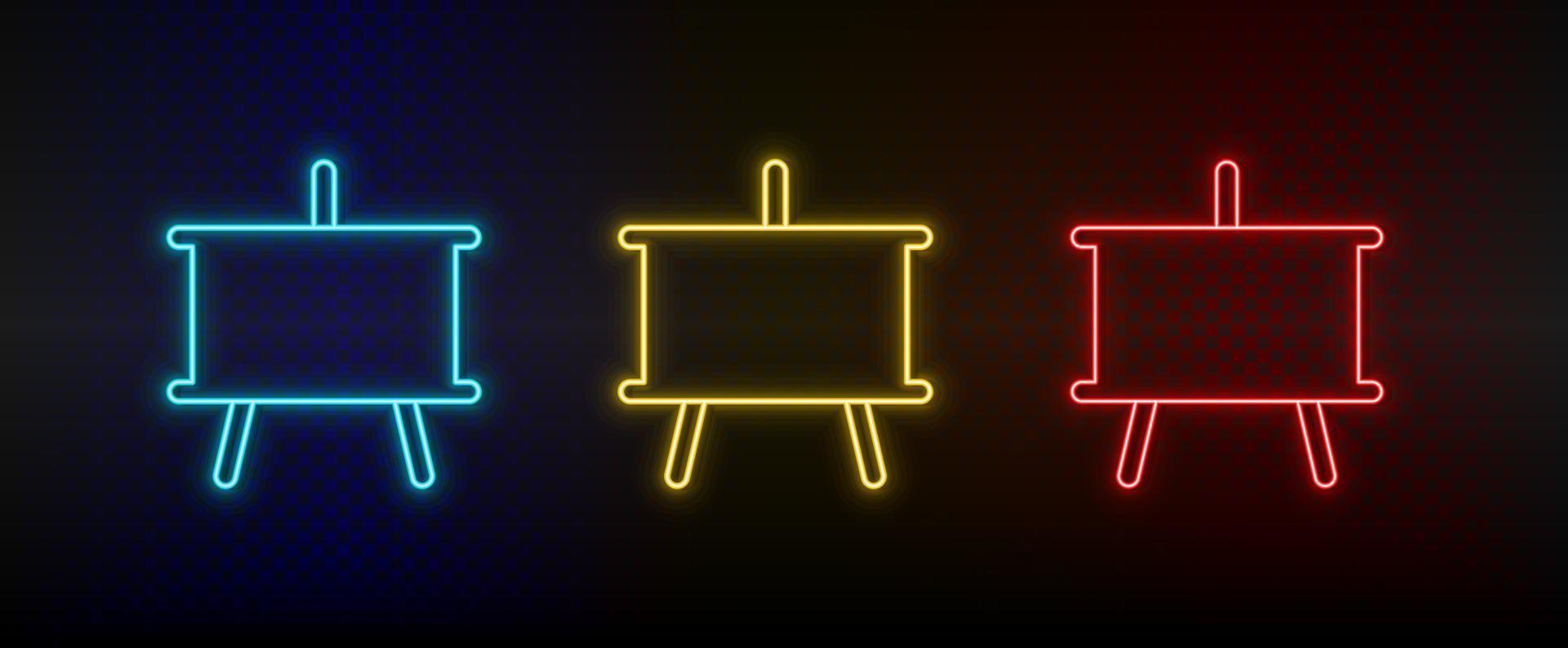 Neon icons, blackboard. Set of red, blue, yellow neon vector icon on darken transparent background