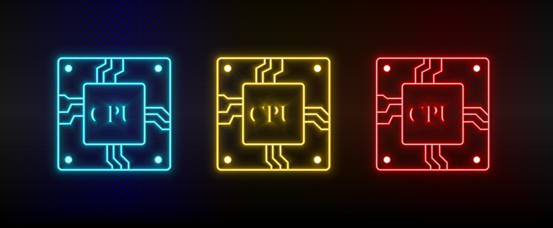 Neon icon set Cpu hardware. Set of red, blue, yellow neon vector icon on transparency dark background