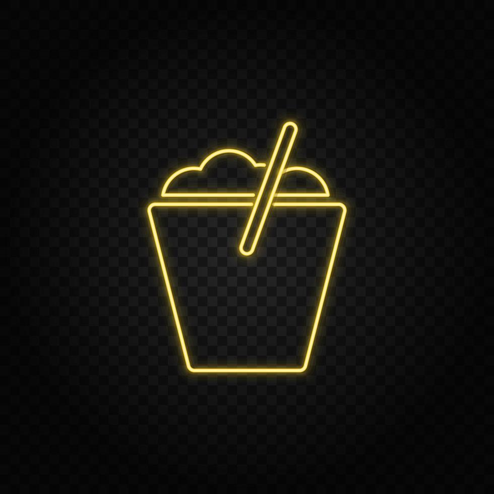 Yellow neon icon bucket, cleaning . Transparent background. Yellow neon vector icon on dark background