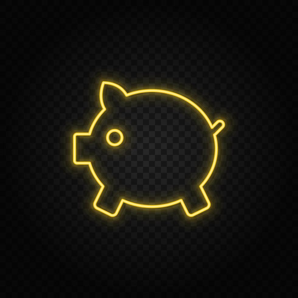 Yellow neon icon cash, money, piggy, bank.Transparent background. Yellow neon vector icon on dark background