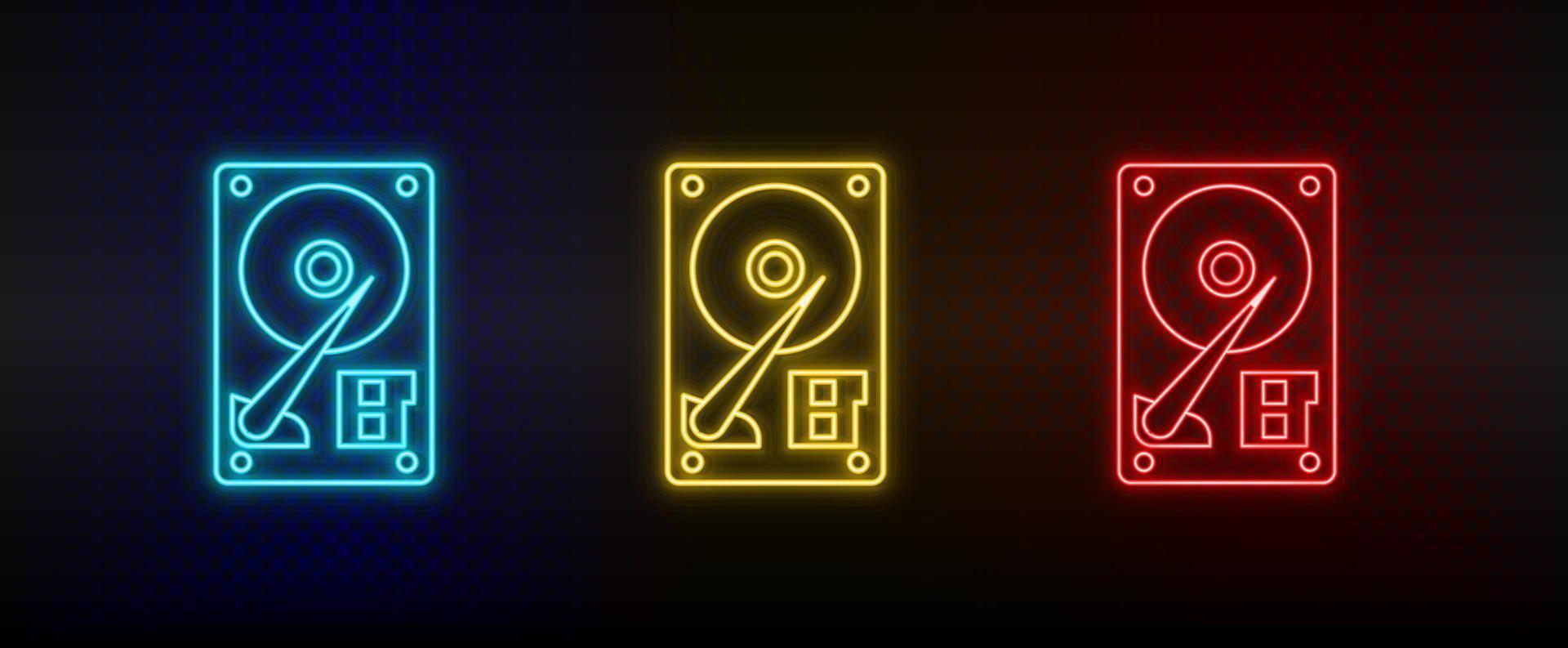 neón icono conjunto disco duro. conjunto de rojo, azul, amarillo neón vector icono en transparencia oscuro antecedentes