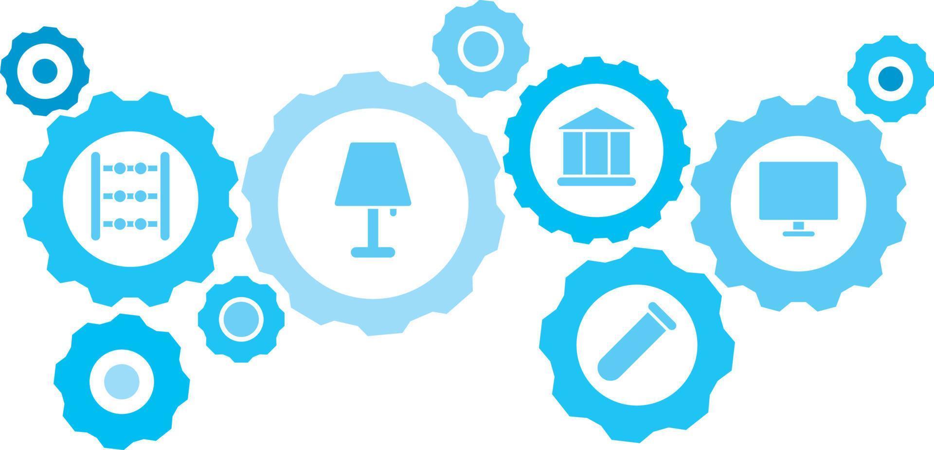 Connected gears and icons for logistic, service, shipping, distribution, transport, market, communicate concepts,monitor, computer gear blue icon set. Delivery mechanism concept. on white background vector