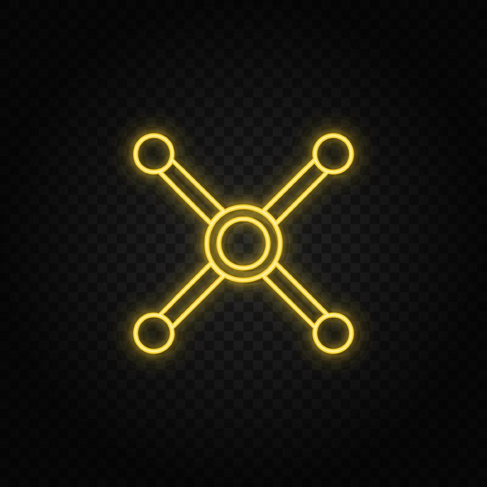 Yellow neon icon atom, atom bond. Transparent background. Yellow neon vector icon on dark background