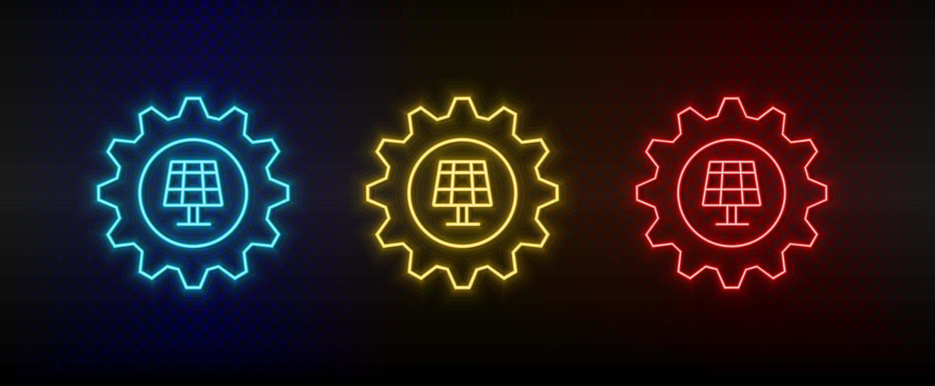 Neon icon set setting, solar. Set of red, blue, yellow neon vector icon on transparency dark background