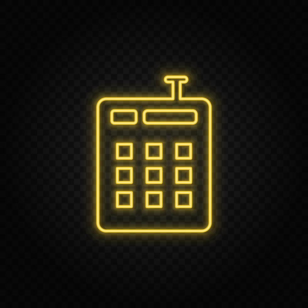 Yellow neon icon cashbox.Transparent background. Yellow neon vector icon on dark background
