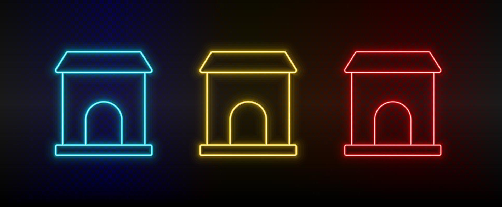 Neon icons, building, college. Set of red, blue, yellow neon vector icon on darken transparent background