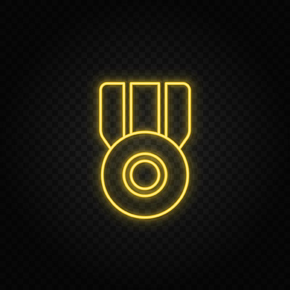 Yellow neon icon medal, prize. Transparent background. Yellow neon vector icon on dark background