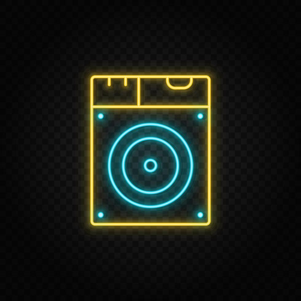 Disk, drive. Blue and yellow neon vector icon. Transparent background on dark background