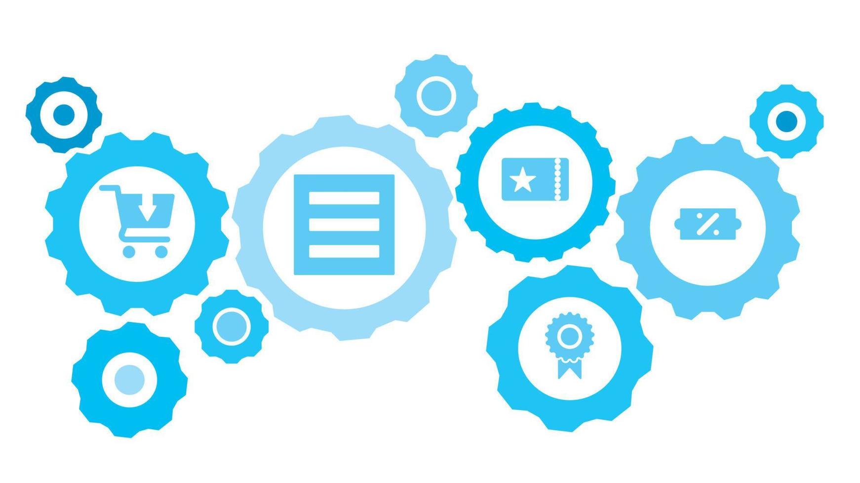 Connected gears and vector icons for logistic, service, shipping, distribution, transport, market, communicate concepts. Certificate, guarantee, license gear blue icon set on white background