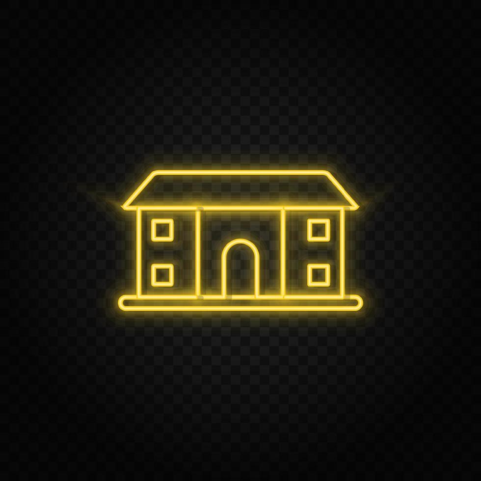 Yellow neon icon building, college. Transparent background. Yellow neon vector icon on dark background