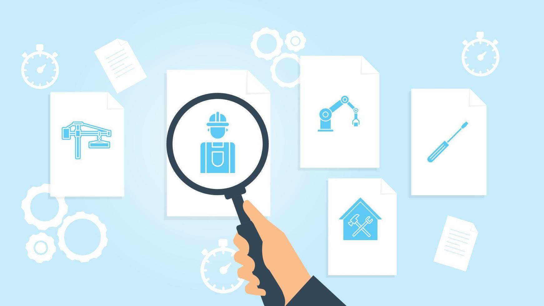 Document with search icons. File and magnifying glass. Analytics research sign. Vector Illustration, building, construction, industry, screwdriver file, document research vector illustration.