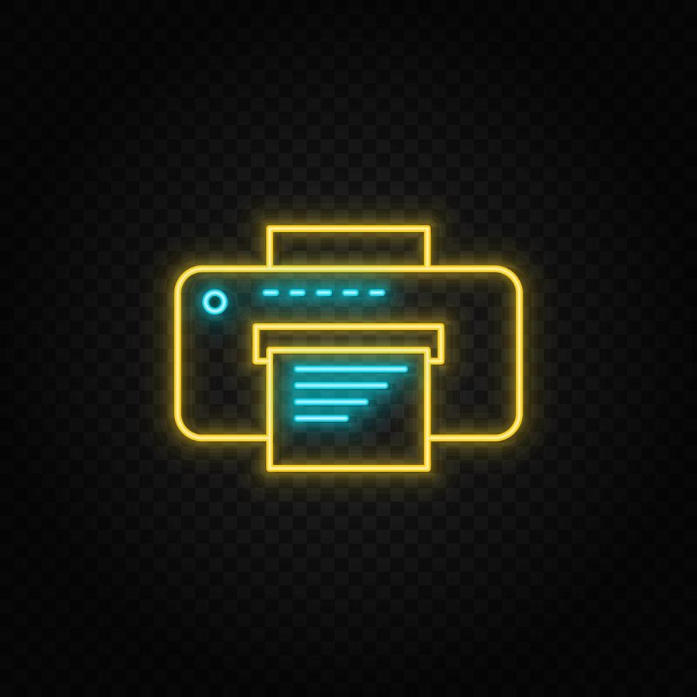 Copy, printer. Blue and yellow neon vector icon. Transparent background on dark background