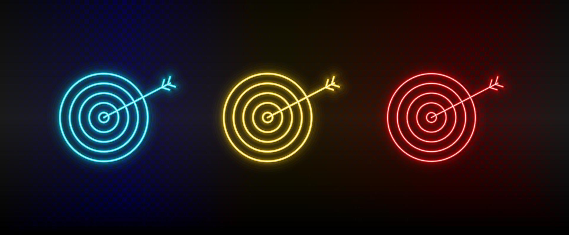 Neon icon set aspirations, dartboard. Set of red, blue, yellow neon vector icon on transparency dark background