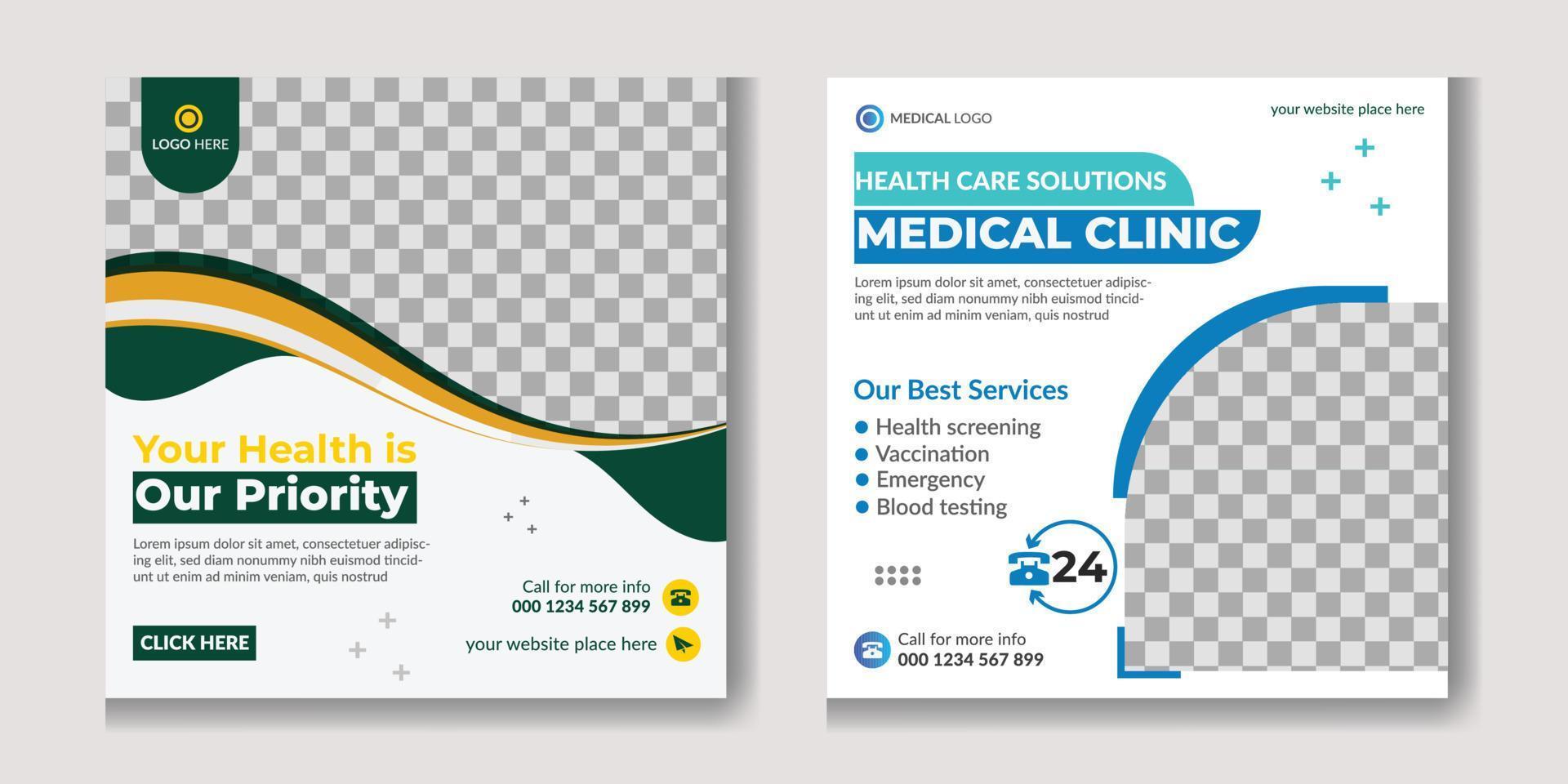 Medical and health care services social media post template design collection promotion square flyer template free Vector