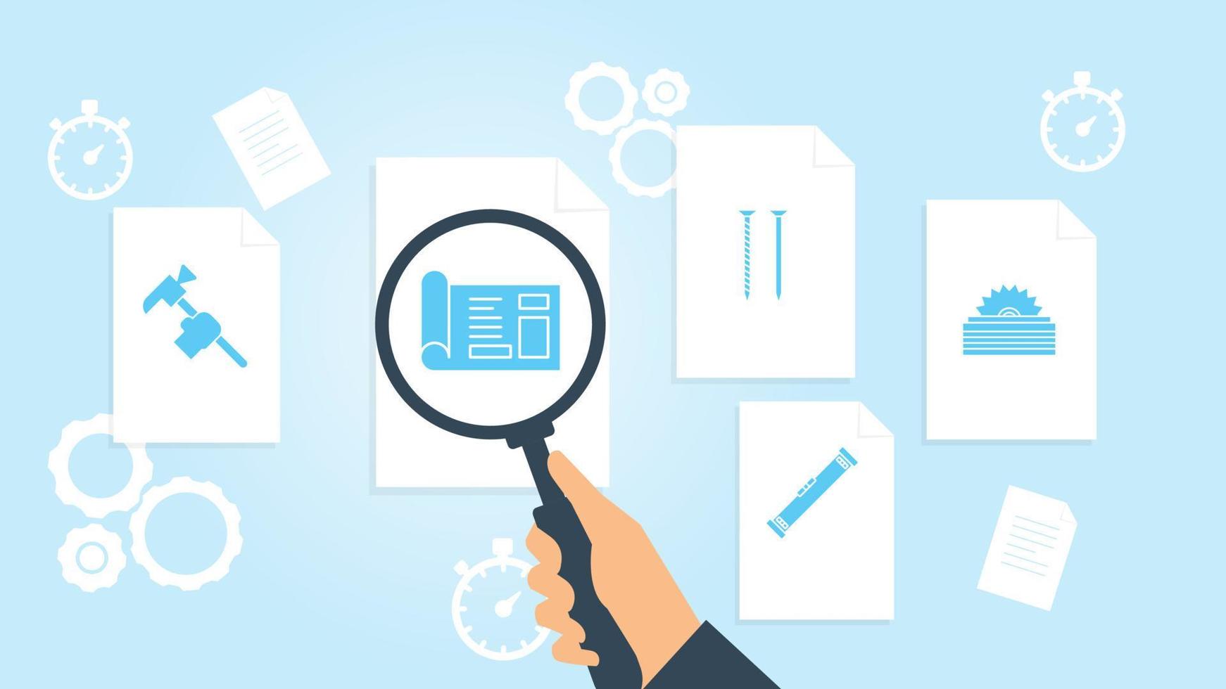 Document with search icons. File and magnifying glass. Analytics research sign. Vector Illustration, building, construction, industry, saw file, document research vector illustration.