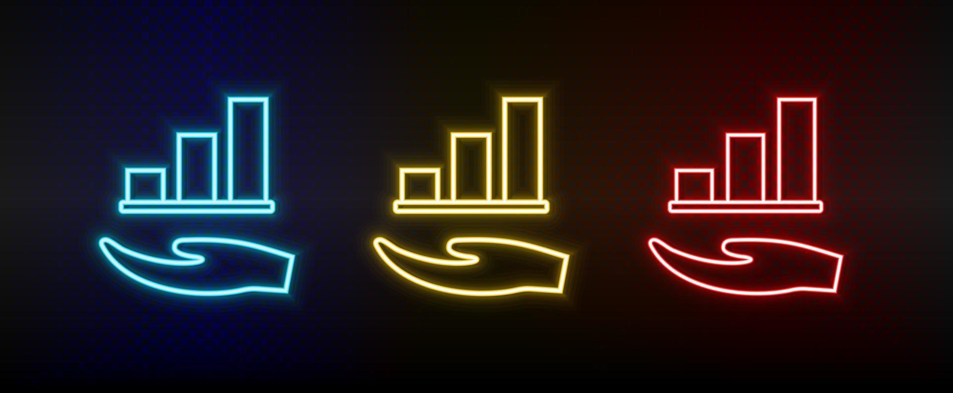 Neon icon set graph, growth. Set of red, blue, yellow neon vector icon on transparency dark background