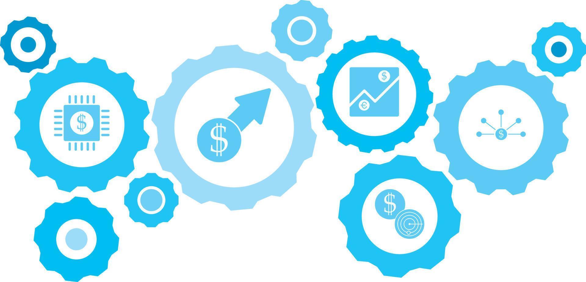 Connected gears and vector icons for logistic, service, shipping, distribution, transport, market, communicate concepts. gear blue icon setbusiness report, cashflow .