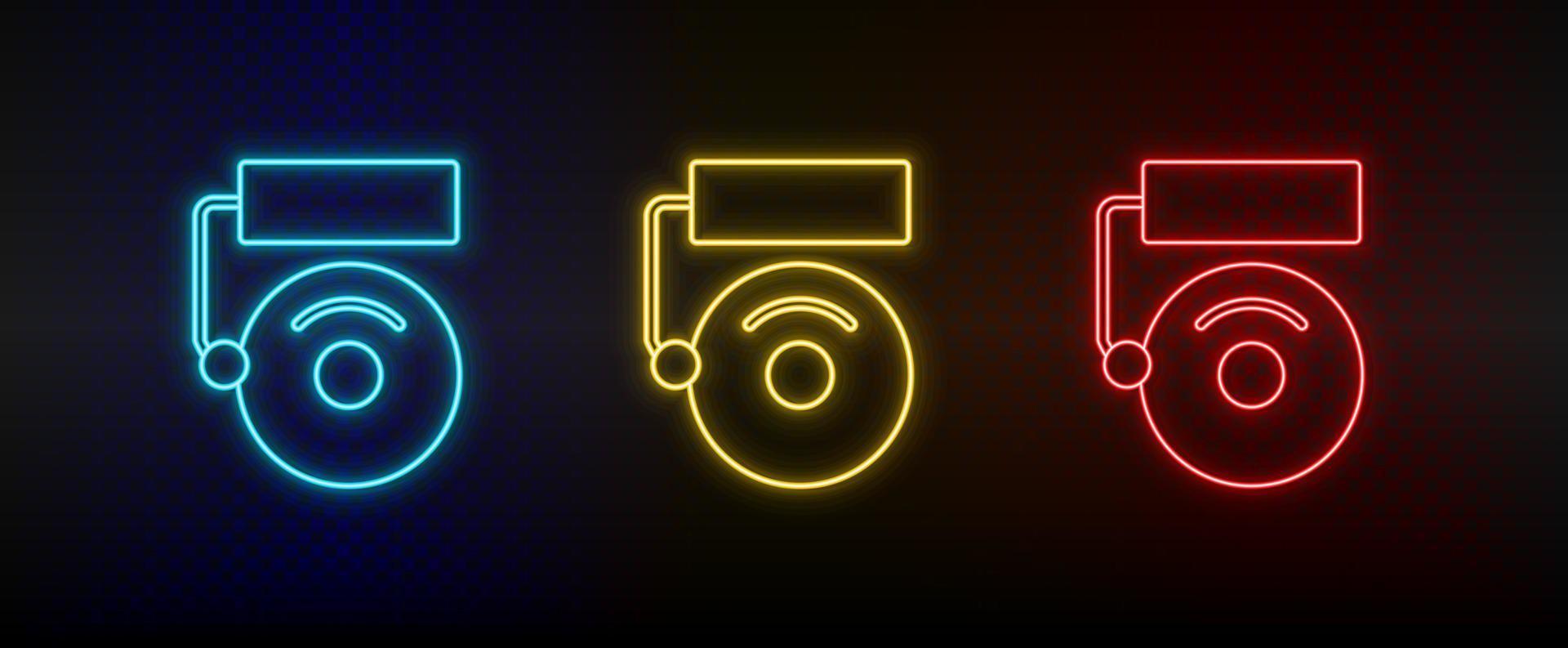 Neon icons, alarm, school. Set of red, blue, yellow neon vector icon on darken transparent background