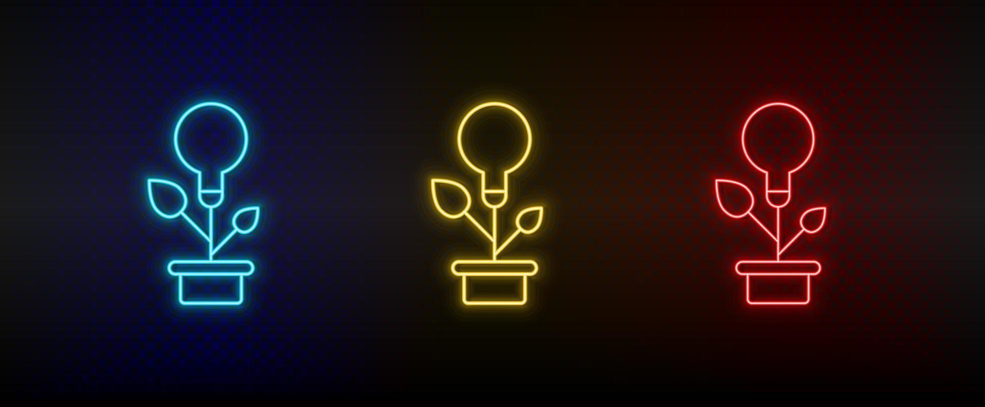 Neon icon set eco energy, lamp, plants . Set of red, blue, yellow neon vector icon on transparency dark background