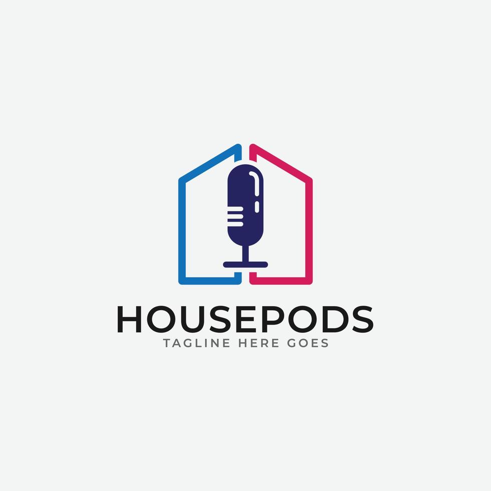 Minimalis house and microphone logo design. House podcast logo template. vector