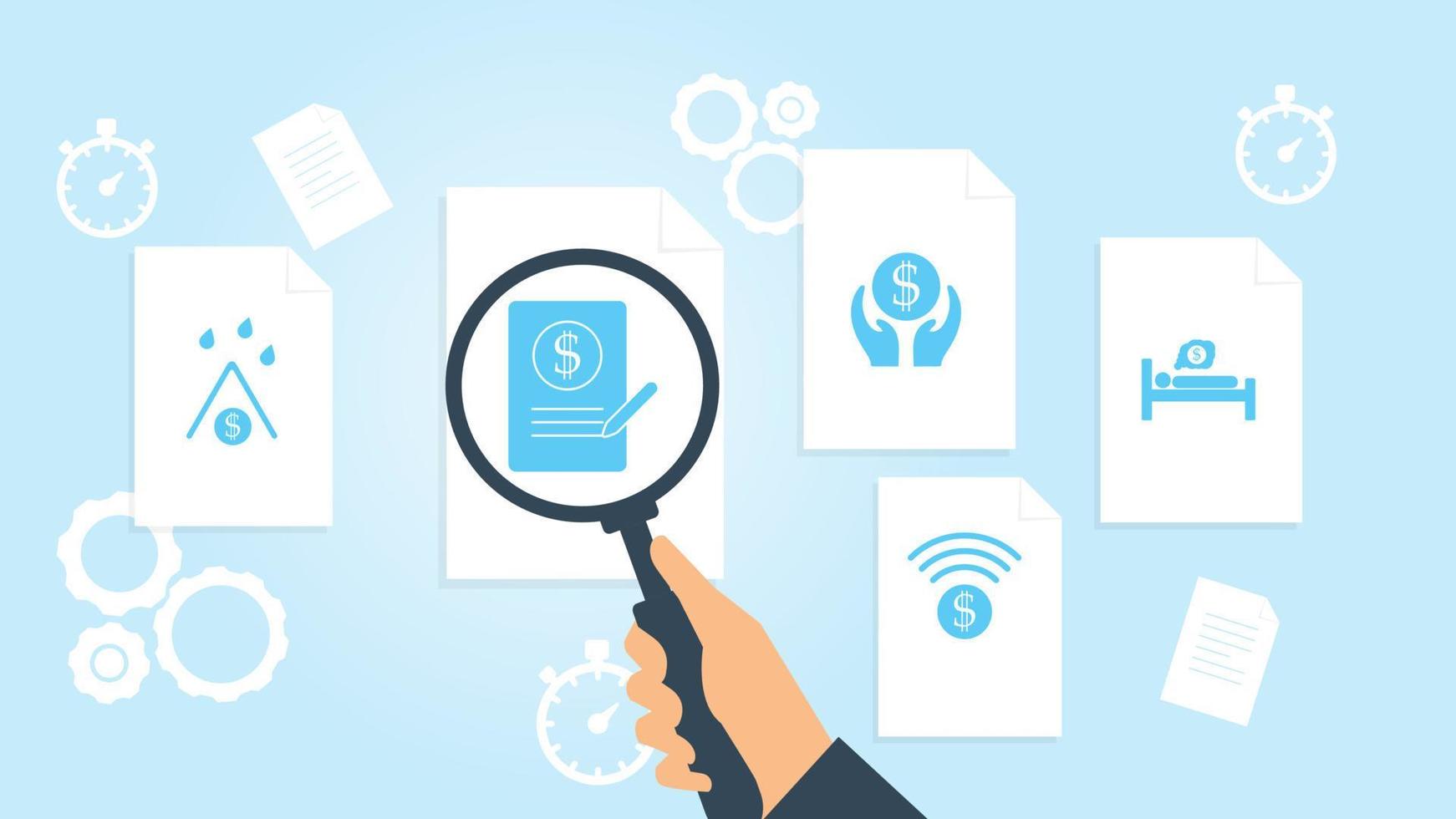 Business man, businessman file, document research vector illustrationDocument with search icons. File and magnifying glass. Analytics research sign. Vector Illustration on white background