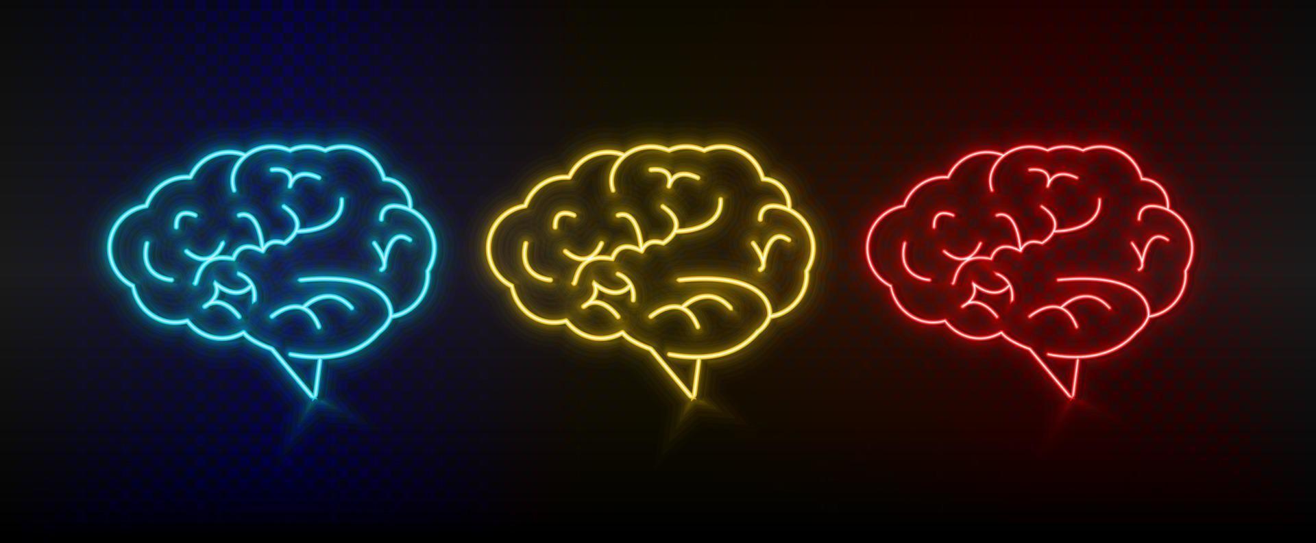 Neon icon set brine, brainstorming. Set of red, blue, yellow neon vector icon on transparency dark background