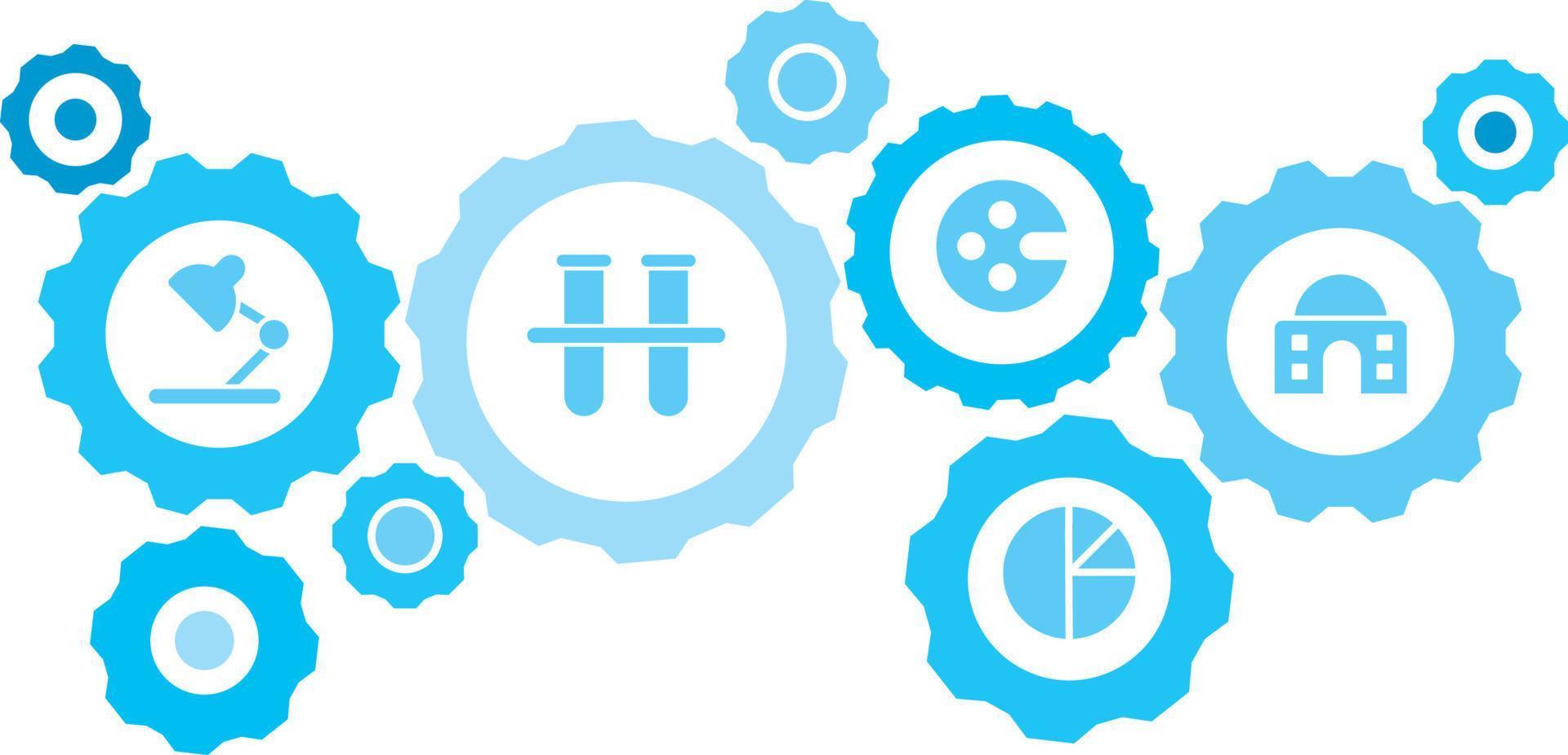 Connected gears and icons for logistic, service, shipping, distribution, transport, market, communicate concepts,building, college gear blue icon set. Delivery mechanism concept. on white background vector