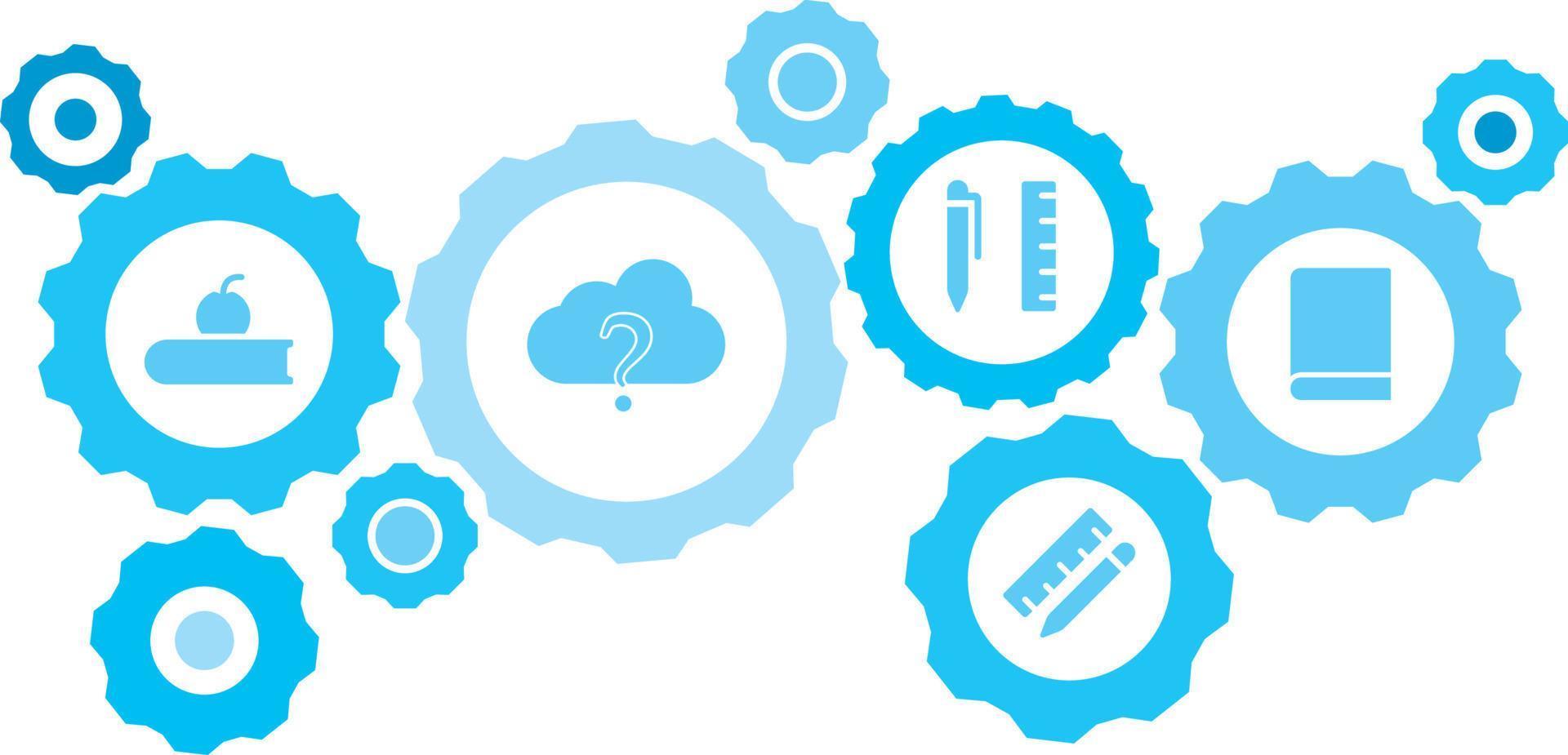Connected gears and icons for logistic, service, shipping, distribution, transport, market, communicate concepts,book gear blue icon set. Delivery mechanism concept. on white background vector
