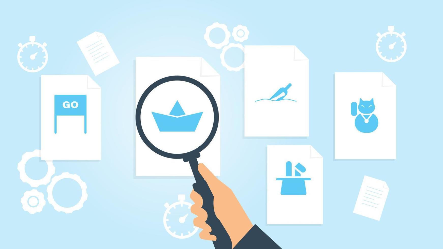 Document with search icons. File and magnifying glass. Analytics research sign. Vector Illustrationcat lucky file, document research vector illustration on white background