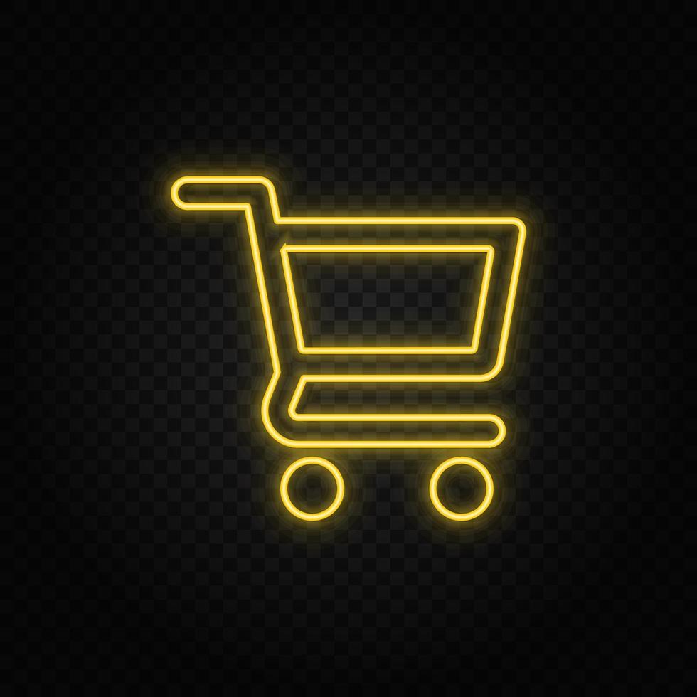 Yellow neon icon cart, shopping.Transparent background. Yellow neon vector icon on dark background