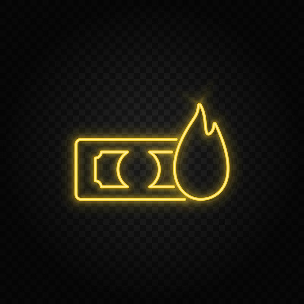 Yellow neon icon dollar, money, fire.Transparent background. Yellow neon vector icon on dark background