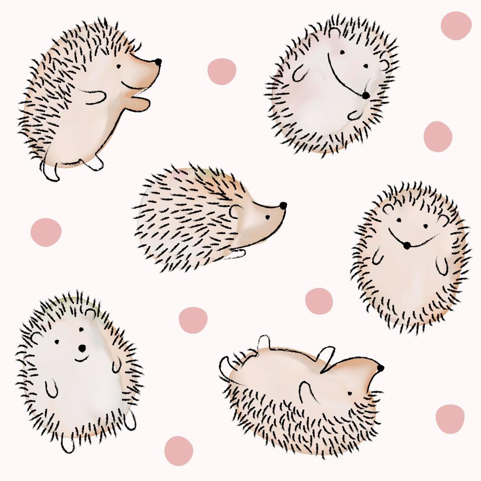 Vector Hand Drawn Watercolor Hedgehog Line Drawing Seamless Pattern in Pink Background.